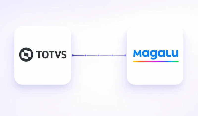 Integração entre o ERP TOTVS WinThor e o marketplace Magalu, representada por dois cartões conectados por um fluxo de dados