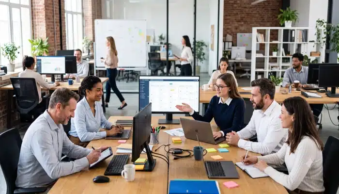Equipe de trabalho utilizando Integrações SAP Business One para otimizar processos e colaboração.