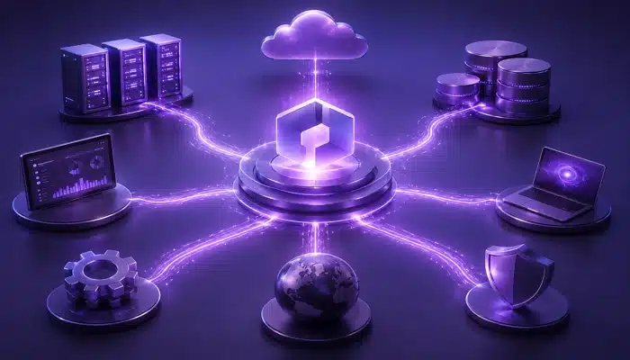 Ilustração das Integrações SAP Business One conectando sistemas, bancos de dados, nuvem e aplicações.