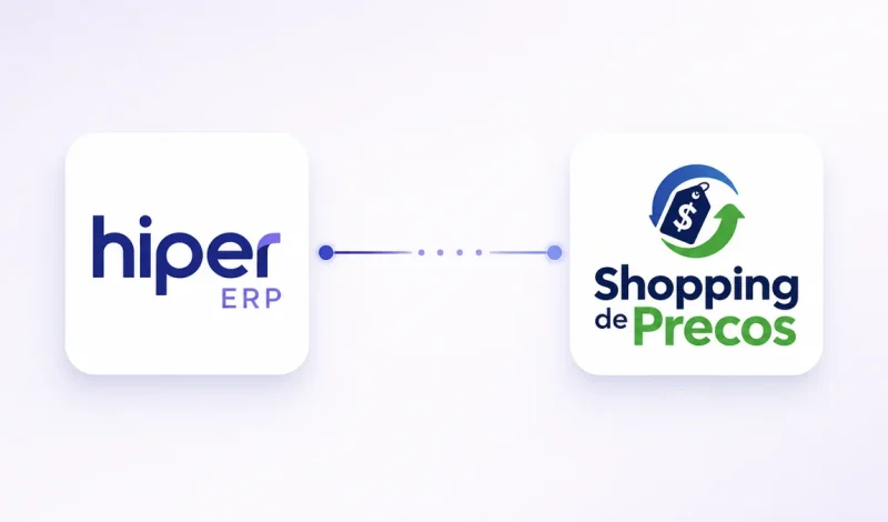 Integração entre o ERP Hiper e o Shopping de Preços, representada por dois cartões conectados por um fluxo de dados