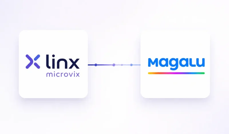 Integração entre o ERP Microvix e Magalu, representada por dois cartões conectados por um fluxo de dados