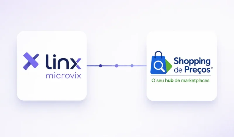 Integração entre o ERP Microvix e Shopping de Preços, representada por dois cartões conectados por um fluxo de dados