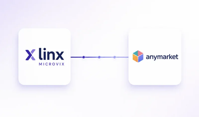 Integração entre o ERP Microvix e Anymarket, representada por dois cartões conectados por um fluxo de dados
