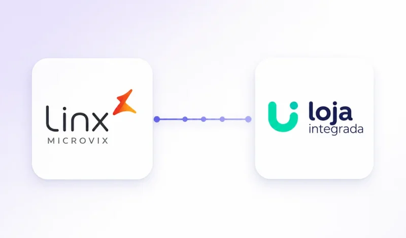 Integração entre o ERP Linx Microvix e a plataforma Loja Integrada, representada por dois cartões conectados por um fluxo de dados