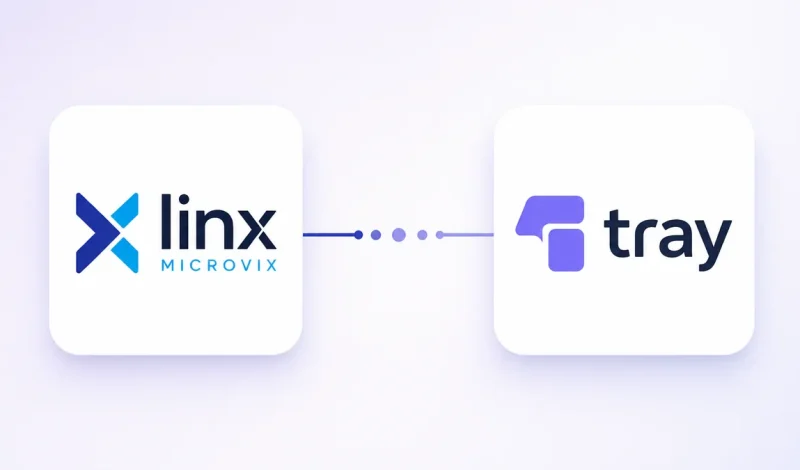 Integração entre o ERP Microvix e Tray, representada por dois cartões conectados por um fluxo de dados