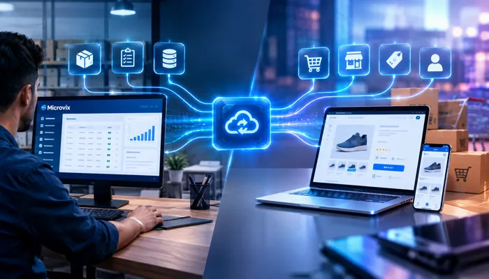 Integração Microvix Loja Integrada representada por fluxos tecnológicos conectando estoque, produtos e operações de vendas