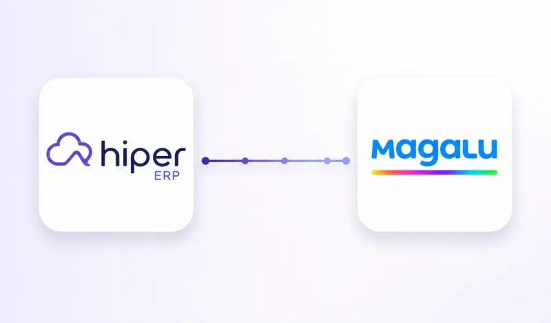 Integração entre o ERP Hiper e o marketplace Magalu, representada por dois cartões conectados por um fluxo de dados