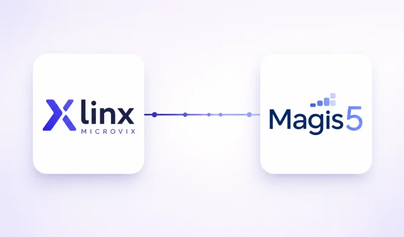 Integração entre o ERP Microvix e Magis5, representada por dois cartões conectados por um fluxo de dados