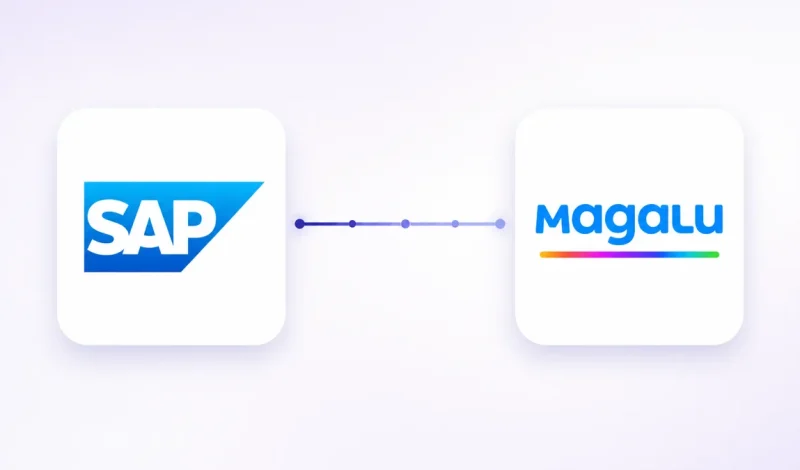 Integração entre o ERP SAP S/4HANA e Magalu, representada por dois cartões conectados por um fluxo de dados
