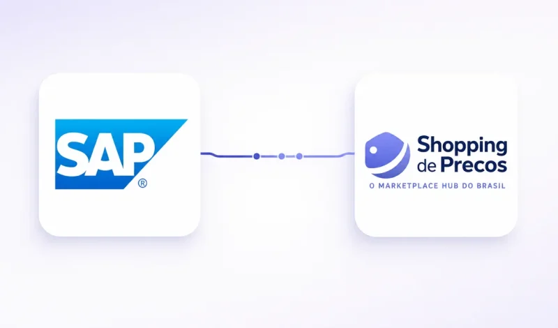 Integração entre o ERP SAP S/4HANA e Shopping de Preços, representada por dois cartões conectados por um fluxo de dados