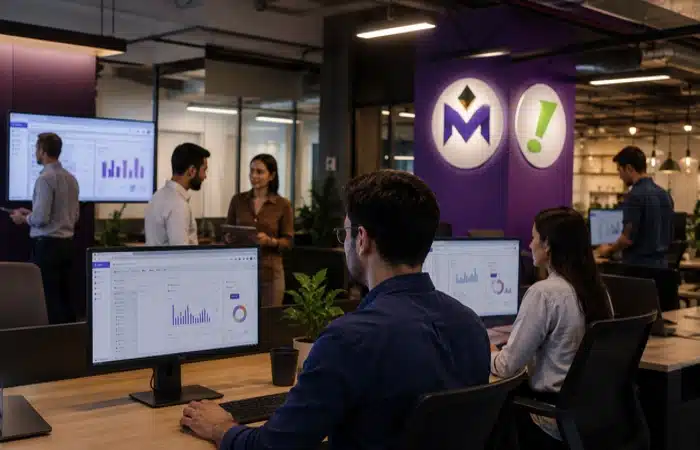Equipe de e-commerce trabalhando em dashboards com os logos ao fundo, representando a integração Microvix Bling em operação