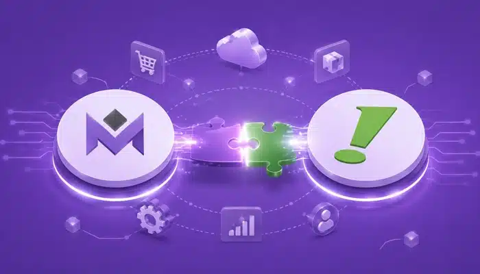 Logos do Microvix e do Bling unidos por uma peça de quebra-cabeça, simbolizando a integração Microvix Bling entre os dois sistemas