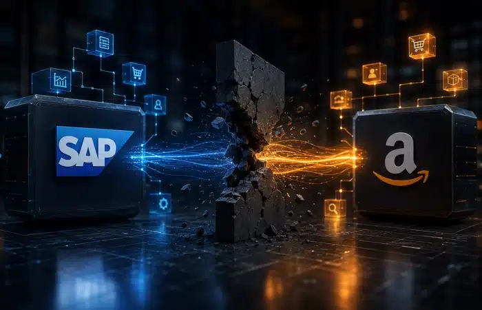 Integração SAP Business One com Amazon com logotipo do SAP Business One em fundo roxo