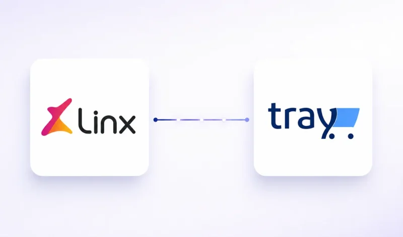 Integração entre o ERP E-Millennium e Tray, representada por dois cartões conectados por um fluxo de dados