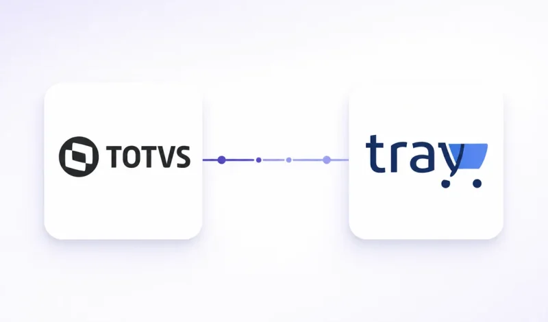 Integração entre o ERP Protheus e Tray, representada por dois cartões conectados por um fluxo de dados