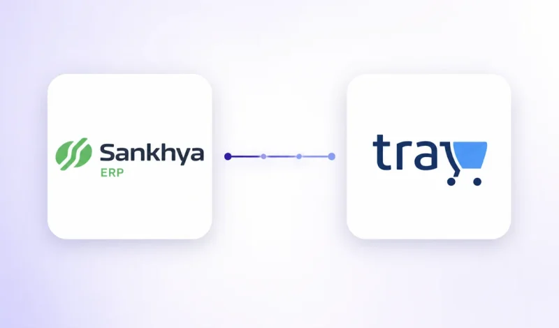 Integração entre o ERP Sankhya e Tray, representada por dois cartões conectados por um fluxo de dados