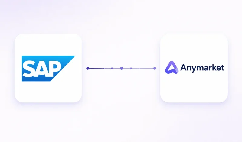 Integração entre o ERP SAP Business One e Anymarket, representada por dois cartões conectados por um fluxo de dados