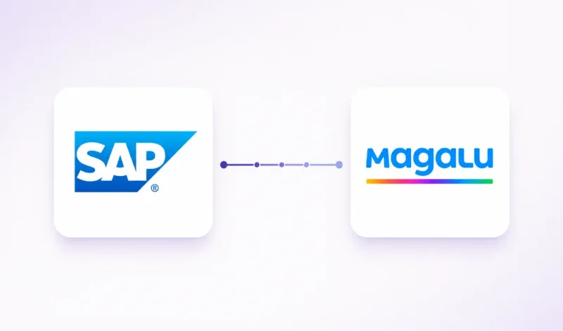 Integração entre o ERP SAP Business One e o marketplace Magalu, representada por dois cartões conectados por um fluxo de dados