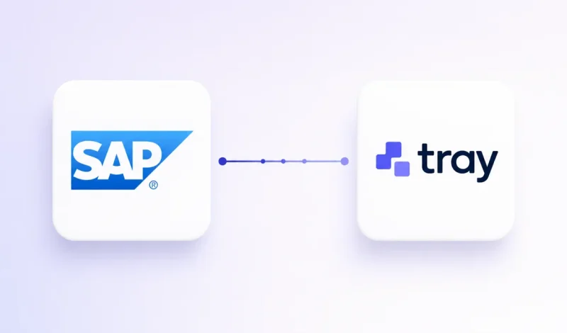 Integração entre o ERP SAP Business One e Tray, representada por dois cartões conectados por um fluxo de dados