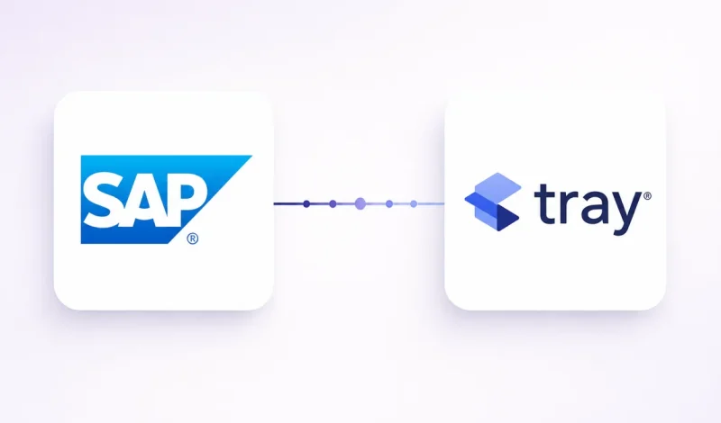 Integração entre o ERP SAP S/4HANA e Tray, representada por dois cartões conectados por um fluxo de dados