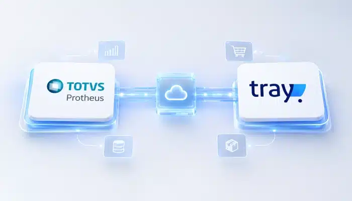 Integração Protheus com Tray ilustrada por conexões digitais, servidor em nuvem e fluxo de dados