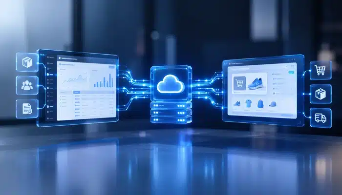 Integração Protheus com Tray representada por um fluxo tecnológico de dados entre sistemas