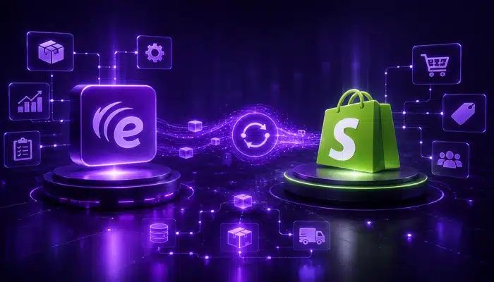 Integração e-Millennium Shopify mostrando a troca automática de dados entre o ERP e a plataforma Shopify.