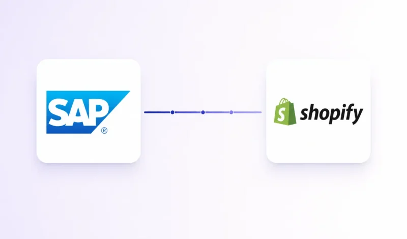Integração entre o ERP SAP Business One e Shopify, representada por dois cartões conectados por um fluxo de dados