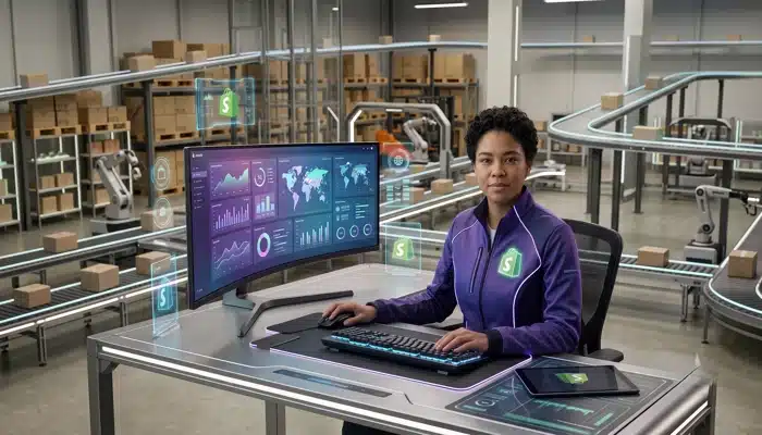 Profissional monitorando painéis em centro de distribuição, representando a integração Winthor Shopify em operação