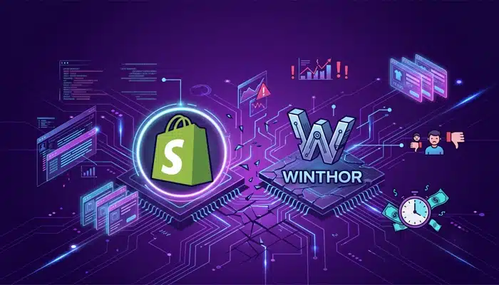 Ilustração de Shopify e Winthor desconectados, com alertas de erro, representando a falta de integração Winthor Shopify