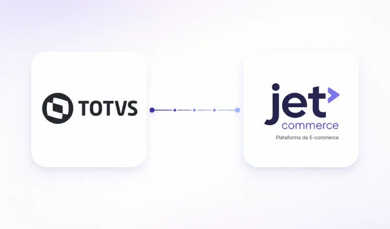 Integração entre o ERP Consinco e JET Commerce, representada por dois cartões conectados por um fluxo de dados