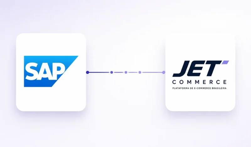 Integração entre o ERP SAP Business One e JET Commerce, representada por dois cartões conectados por um fluxo de dados