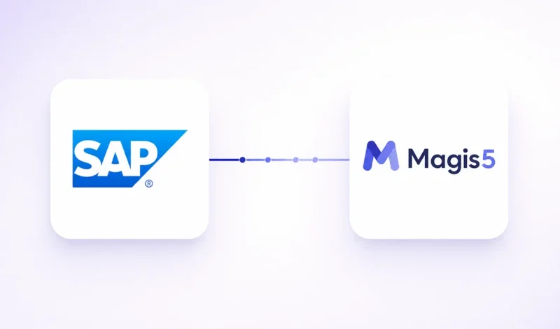Integração entre o ERP SAP S/4HANA e Magis5, representada por dois cartões conectados por um fluxo de dados