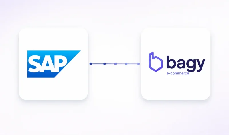 Integração entre o ERP SAP Business One e Bagy, representada por dois cartões conectados por um fluxo de dados