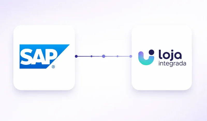 Integração entre o ERP SAP S/4HANA e Loja Integrada, representada por dois cartões conectados por um fluxo de dados