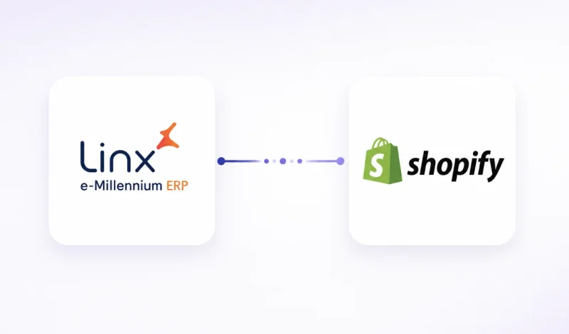 Integração entre o ERP E-Millennium e Shopify, representada por dois cartões conectados por um fluxo de dados