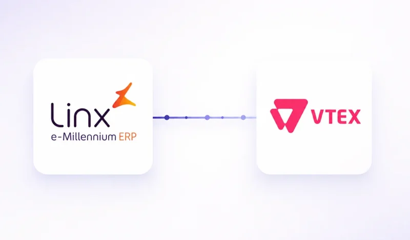 Integração entre o ERP E-Millennium e VTEX, representada por dois cartões conectados por um fluxo de dados