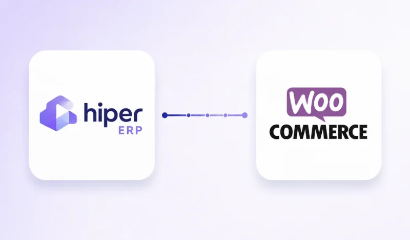Integração entre o ERP Hiper e WooCommerce, representada por dois cartões conectados por um fluxo de dados