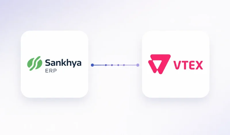 Integração entre o ERP Sankhya e VTEX, representada por dois cartões conectados por um fluxo de dados
