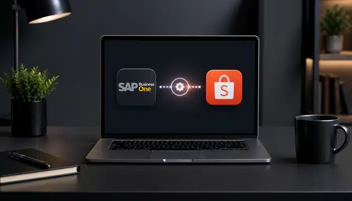 Integração SAP Business One Shopee exibindo a conexão entre o ERP e o marketplace em uma tela de notebook.