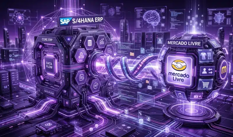 Fluxo de dados entre o core do SAP S/4HANA e o Mercado Livre, ilustrando como funciona a integração SAP S/4HANA Mercado Livre