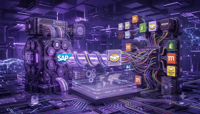 Ilustração do ERP SAP conectado a marketplaces por um hub central, representando a integração SAP S/4HANA Mercado Livre