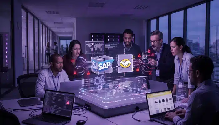 Equipe enterprise avaliando governança e riscos da integração SAP S/4HANA Mercado Livre em um painel de dados