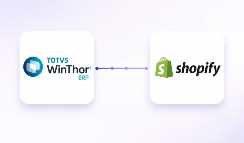 Integração entre o ERP WinThor e Shopify, representada por dois cartões conectados por um fluxo de dados