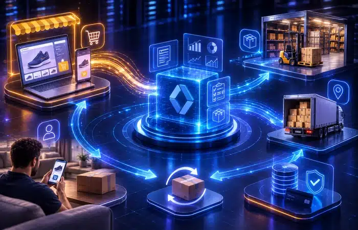 Integração Consinco com Mercado Livre com fluxo digital entre loja virtual, cliente, estoque, transporte e financeiro