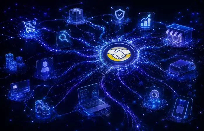 Diagrama azul de conexões representando a integração Hiper Mercado Livre entre ERP, anúncios, pedidos e entrega