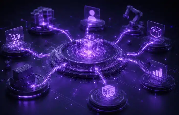 Núcleo de dados roxo distribuindo informações de estoque e pedidos na integração Hiper Mercado Livre