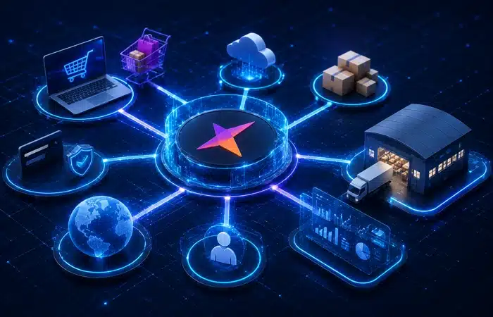 Integração Linx e-Millennium com Mercado Livre com dois blocos digitais conectados por fluxo de dados entre ERP e marketplace