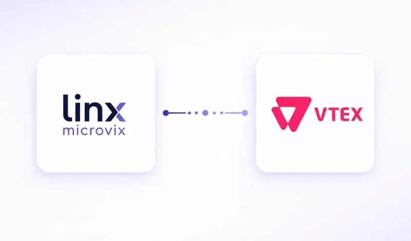 Integração entre o ERP Microvix e VTEX, representada por dois cartões conectados por um fluxo de dados
