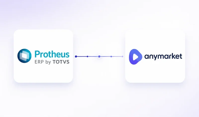 Integração entre o ERP Protheus e Anymarket, representada por dois cartões conectados por um fluxo de dados